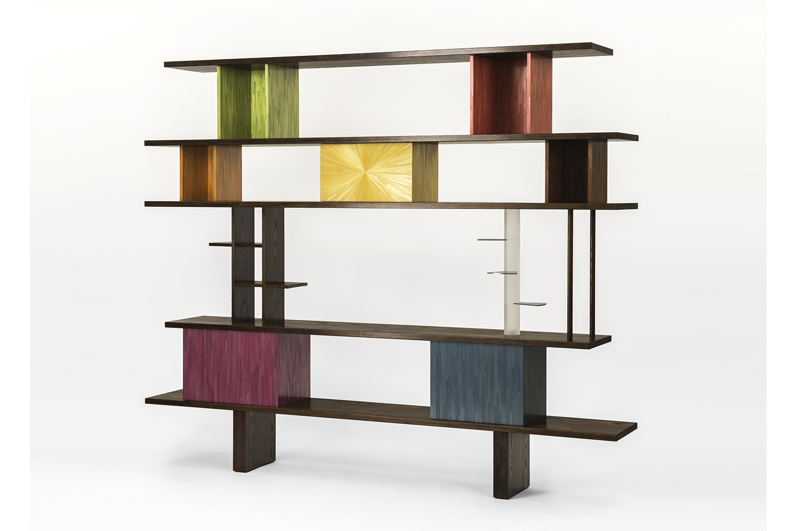Bookcase In Burnt Ash, Straw Marquetry, Lucite & Blackened Steel